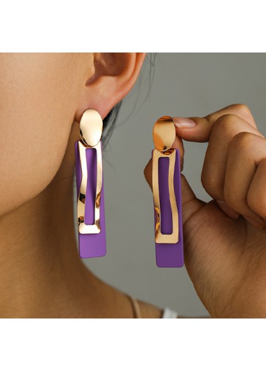 Geometric Design Rectangle Purple Metal Earrings