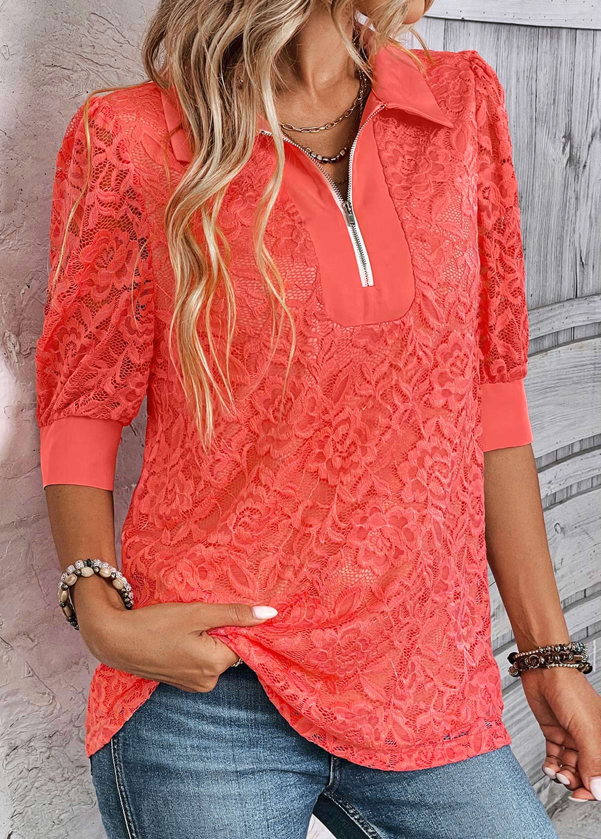 ROTITA Zipper Coral Shirt Collar Half Sleeve Blouse