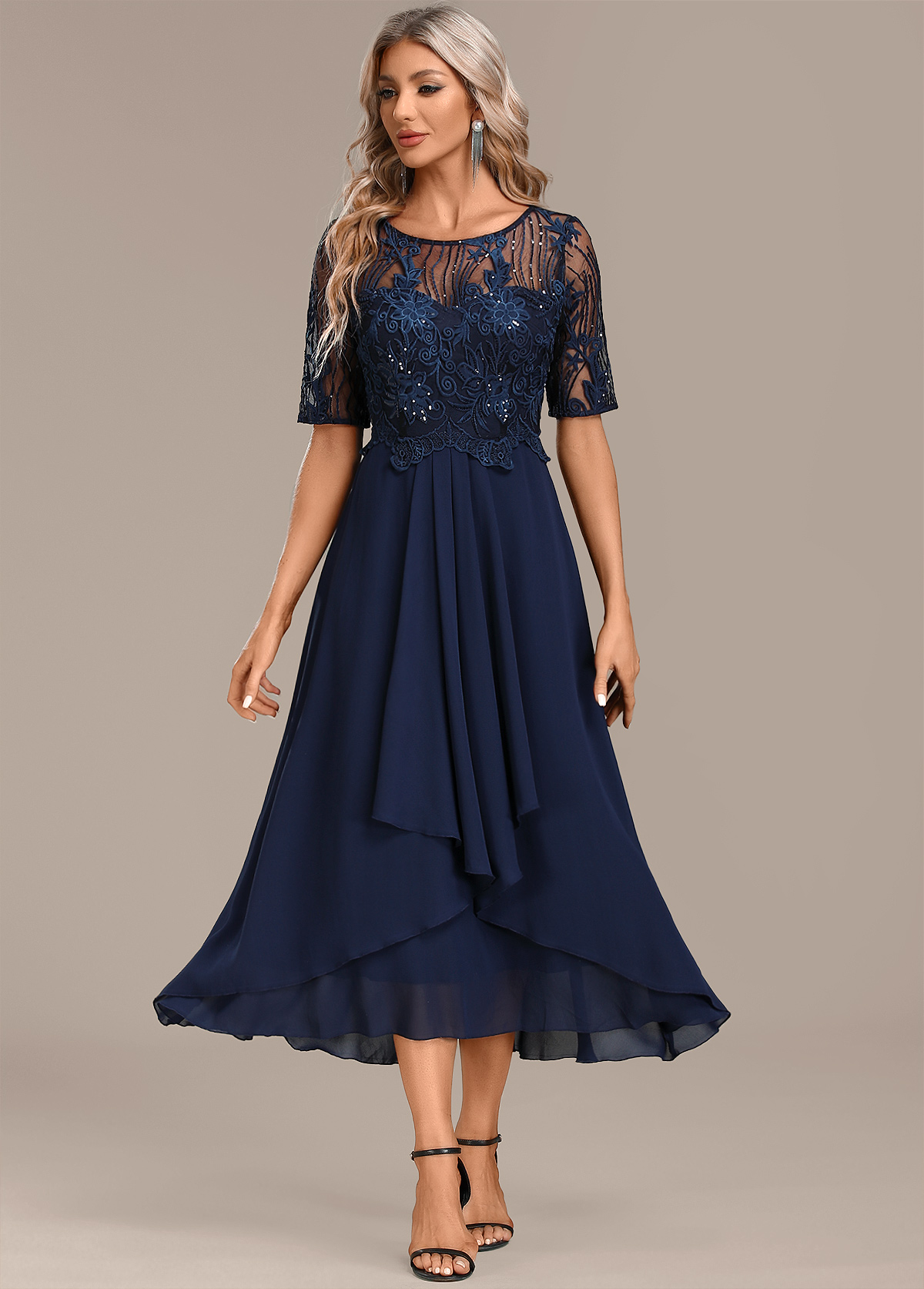 ROTITA Lace Navy Round Neck Short Sleeve Dress