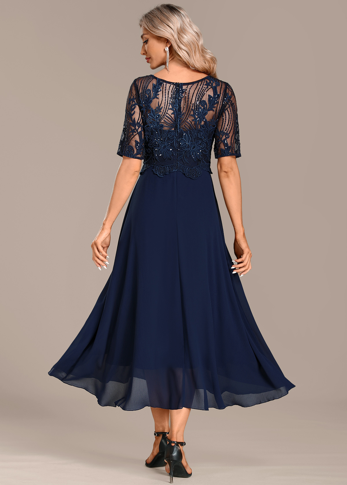 ROTITA Lace Navy Round Neck Short Sleeve Dress | Rotita.com - USD $53.98
