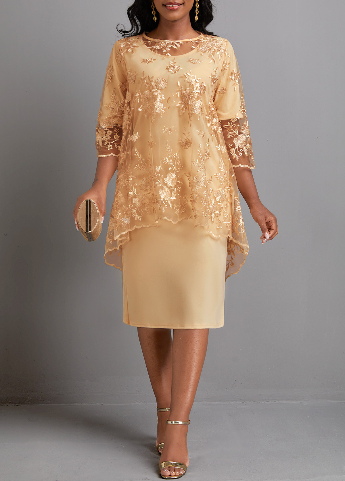 Two Piece Light Camel Round Neck Dress and Cover Up