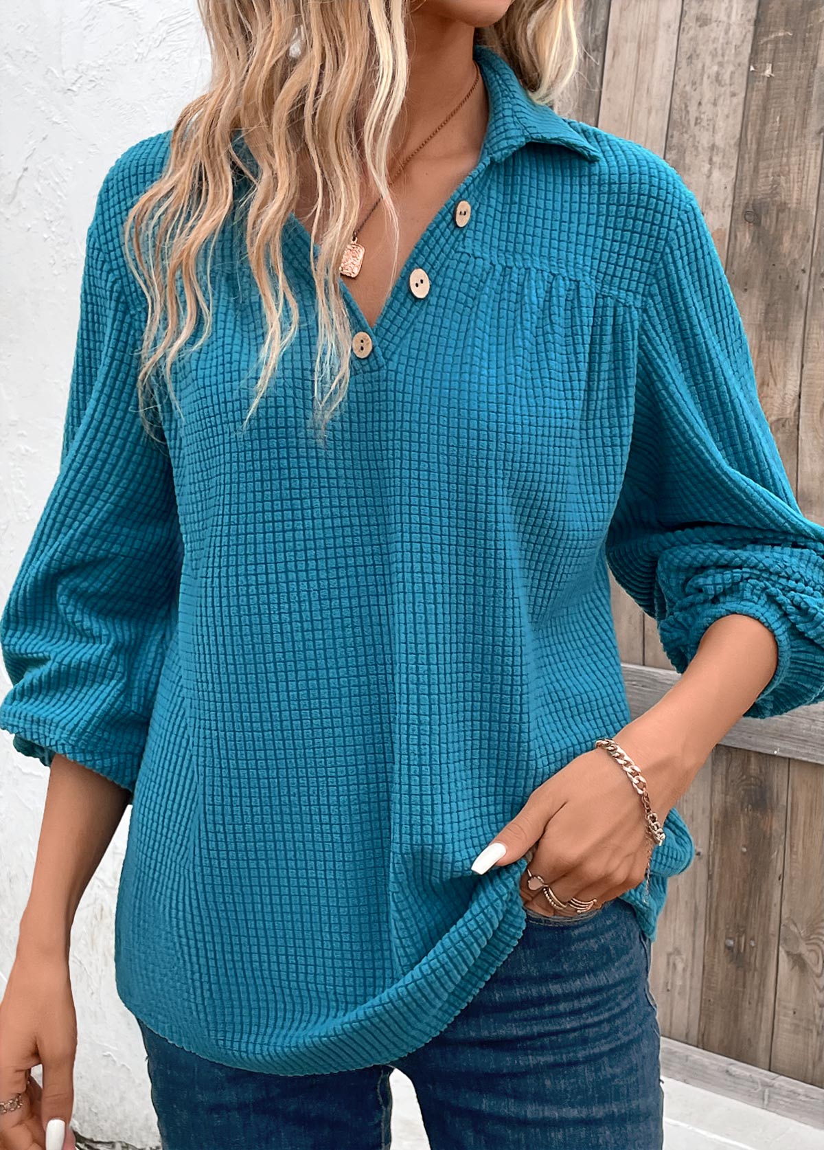 ROTITA Ruched Peacock Blue Shirt Collar Long Sleeve Blouse