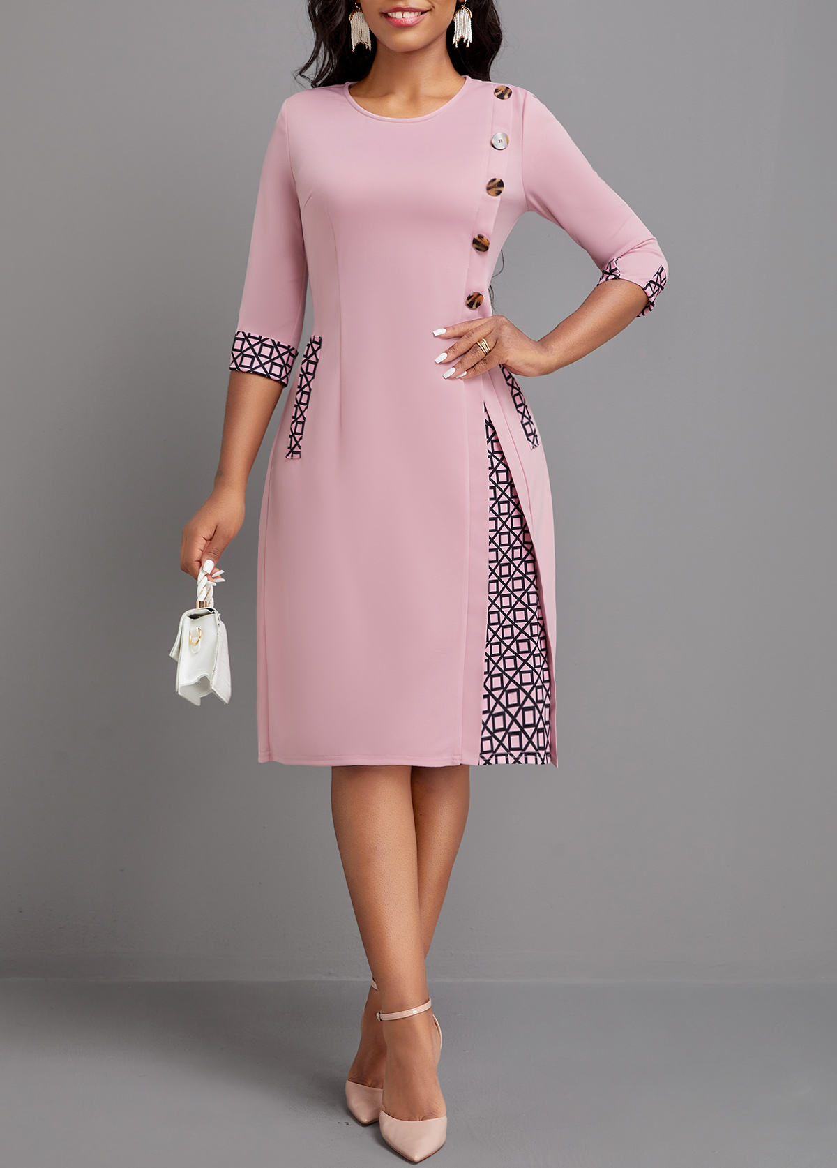 ROTITA Button Geometric Print Pink A Line Dress