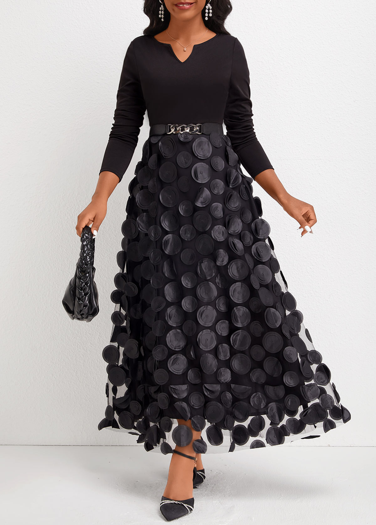 ROTITA Patchwork Split Neck Long Sleeve Black Maxi Dress