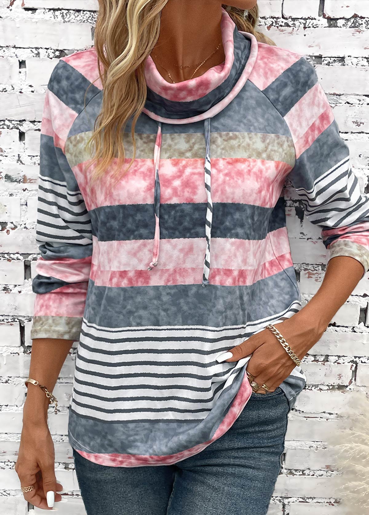 ROTITA Drawstring Striped Multi Color Cowl Neck Long Sleeve Sweatshirt