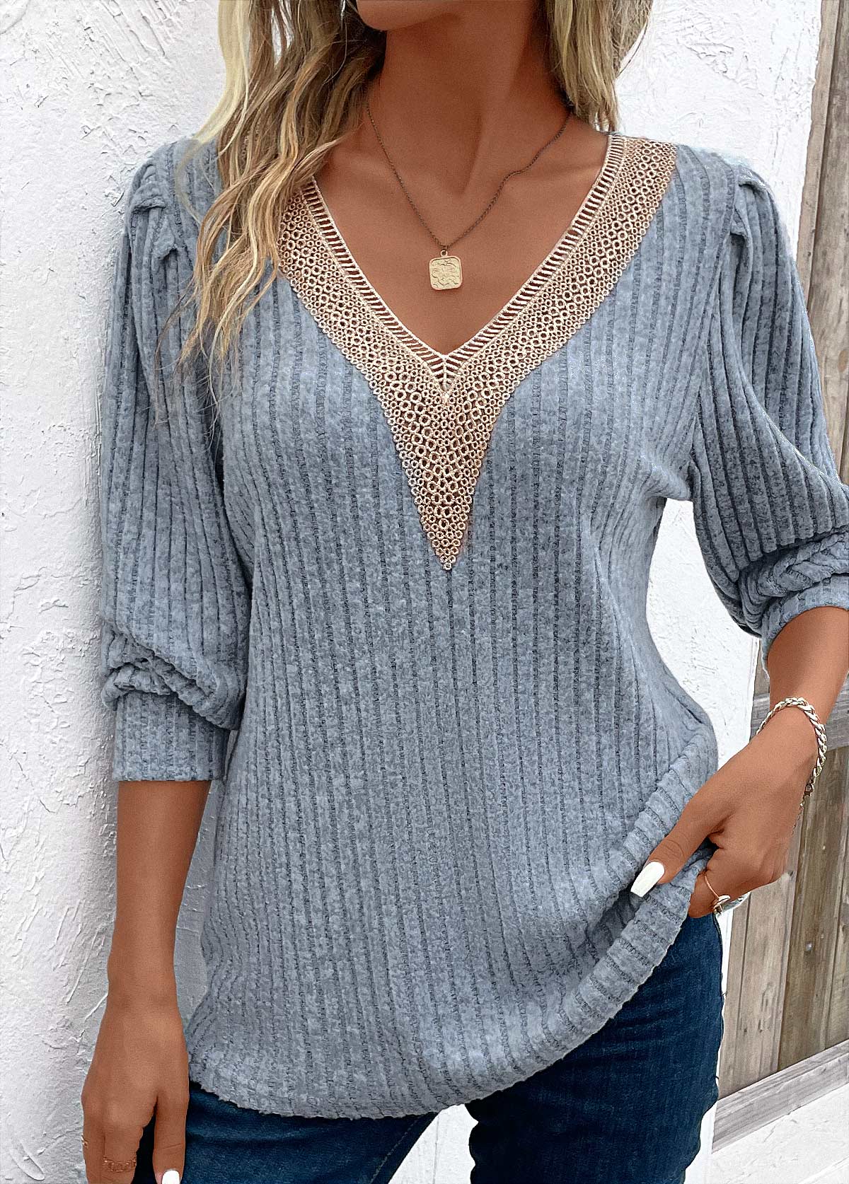 Lace Dusty Blue V Neck Long Sleeve T Shirt