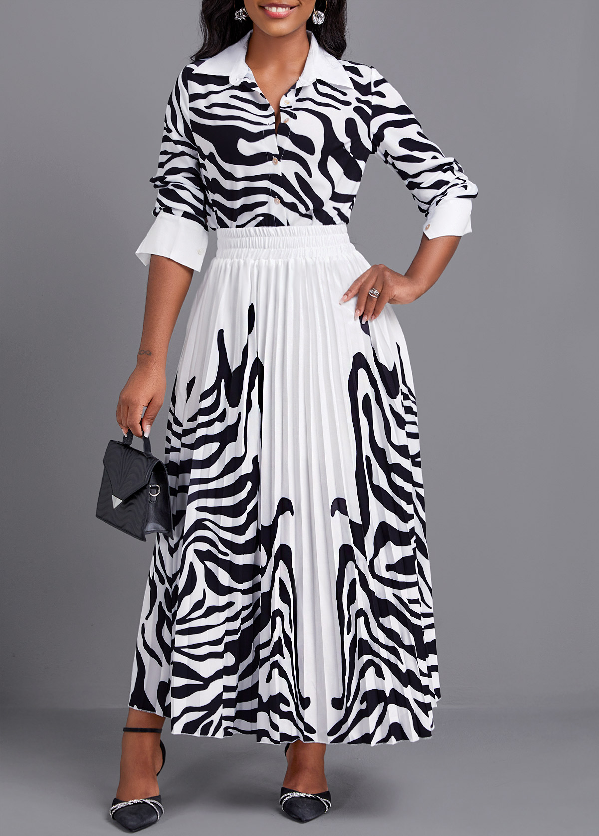 Pleated Zebra Stripe Print White Maxi Top and Skirt