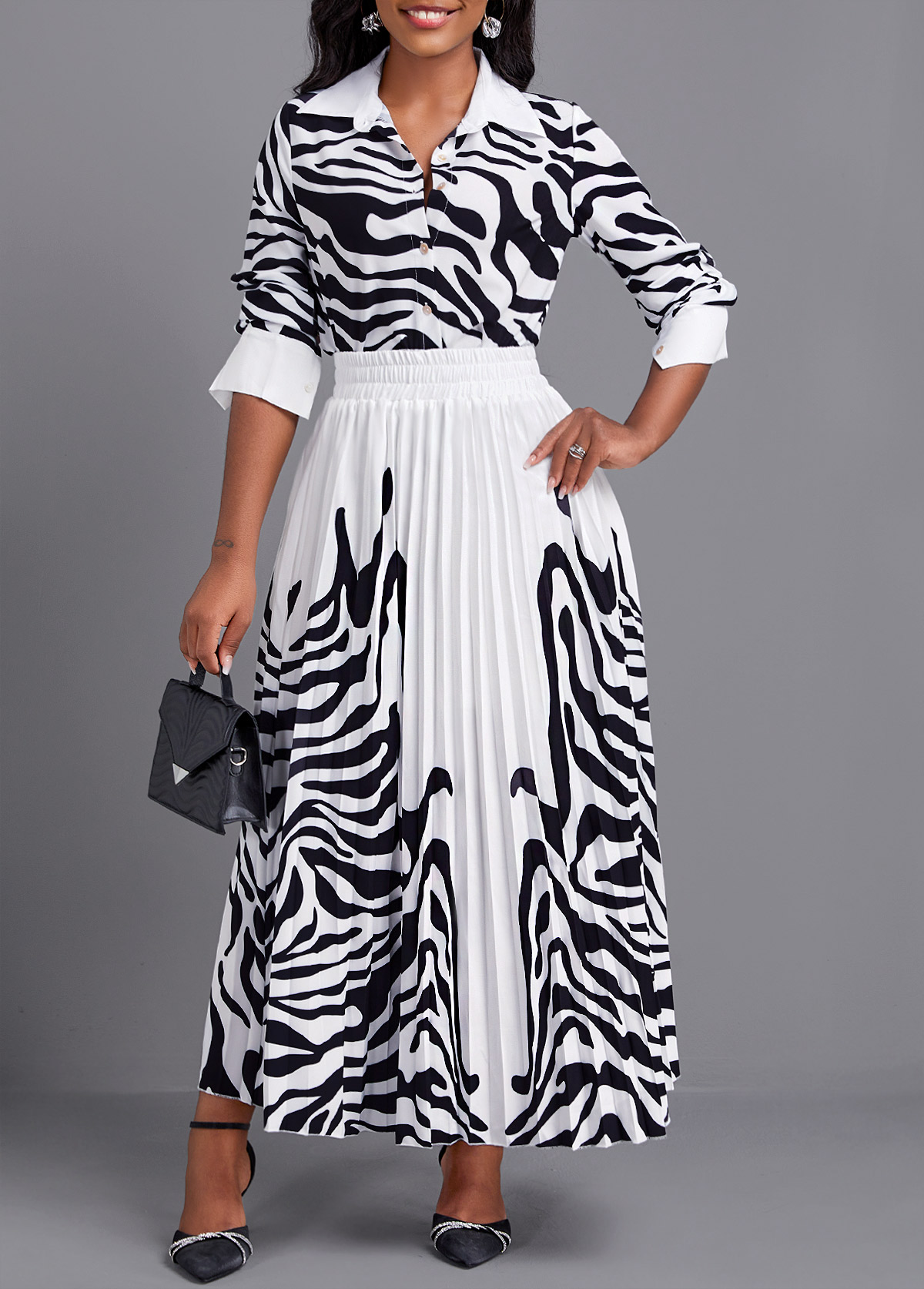 Pleated Zebra Stripe Print White Maxi Top and Skirt USD