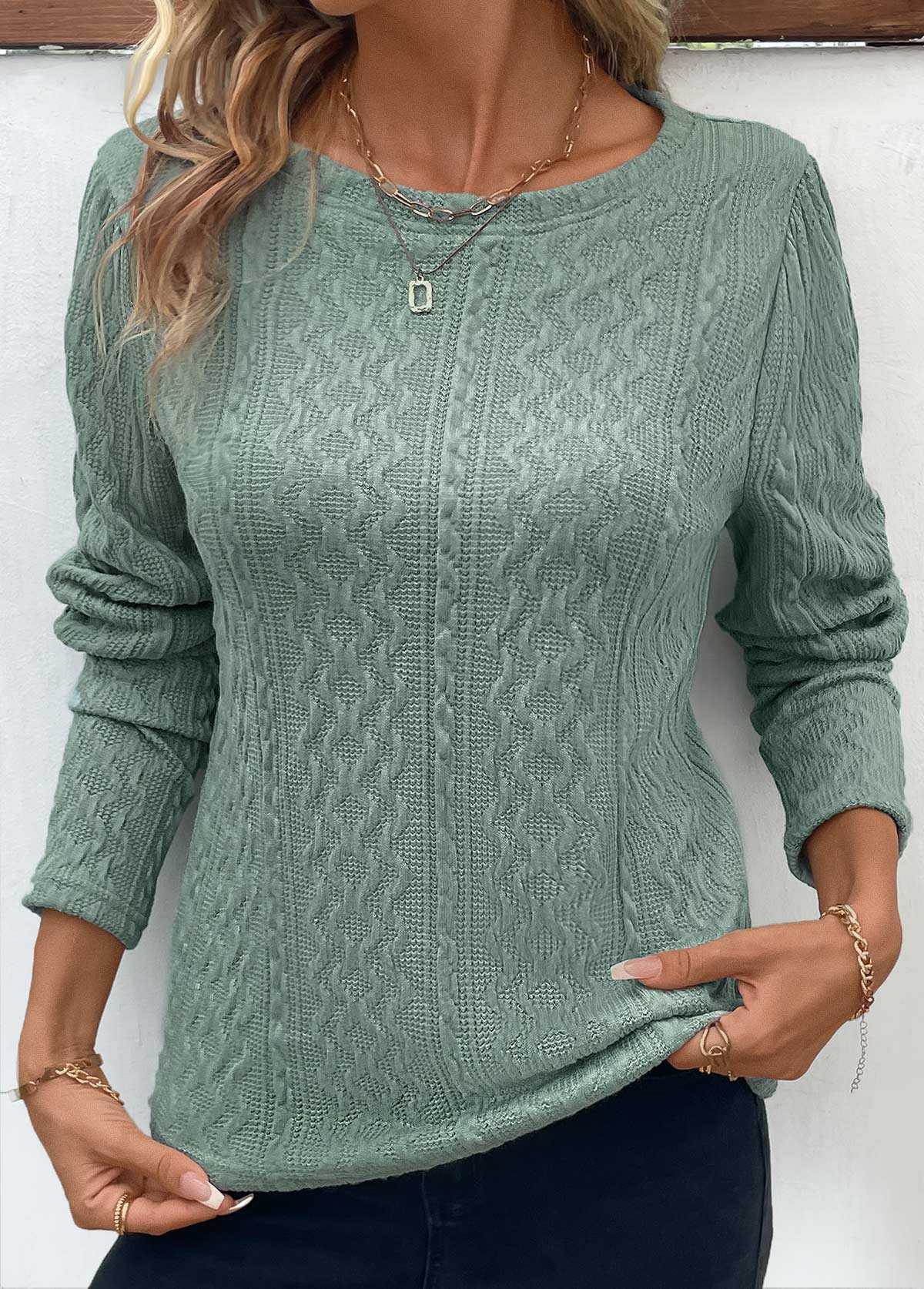 Ruched Sage Green Round Neck Long Sleeve T Shirt