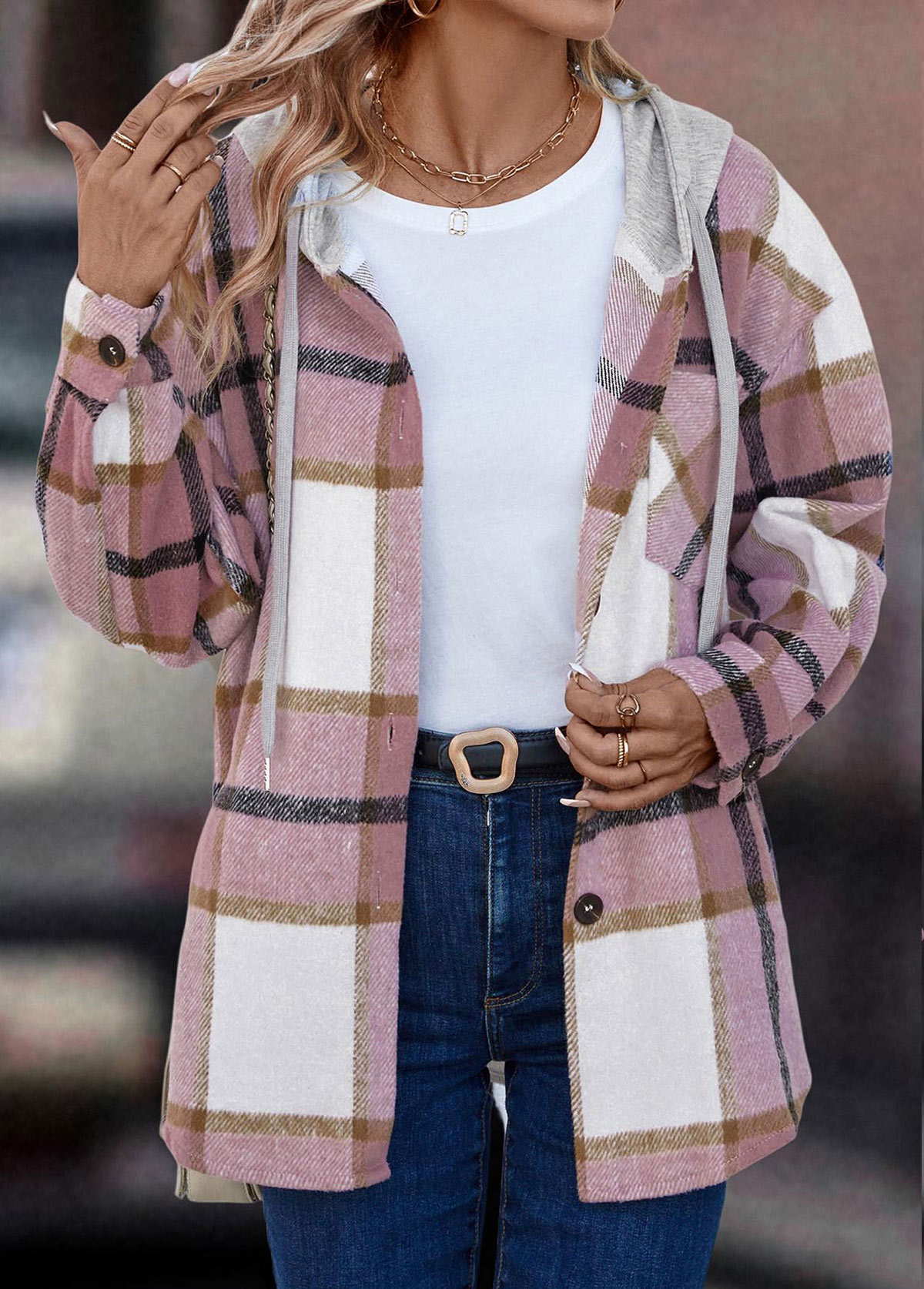 Button Plaid Pink Hooded Long Sleeve Coat
