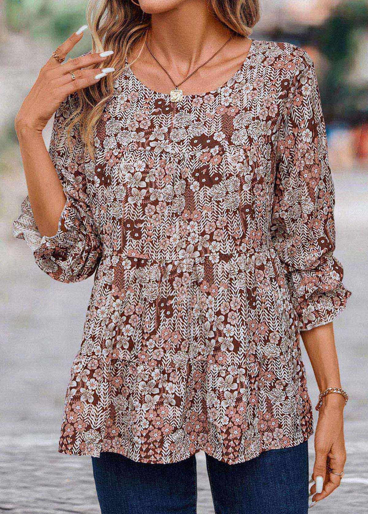 Smocked Ditsy Floral Print Multi Color Round Neck Blouse