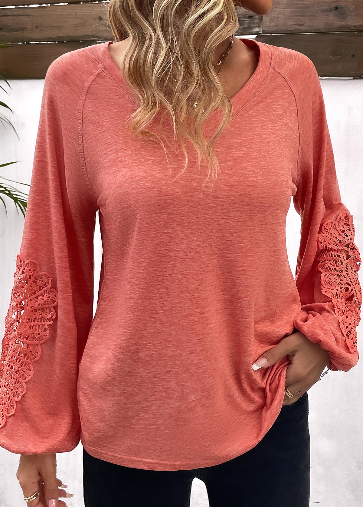 Patchwork Coral Round Neck Long Sleeve T Shirt
