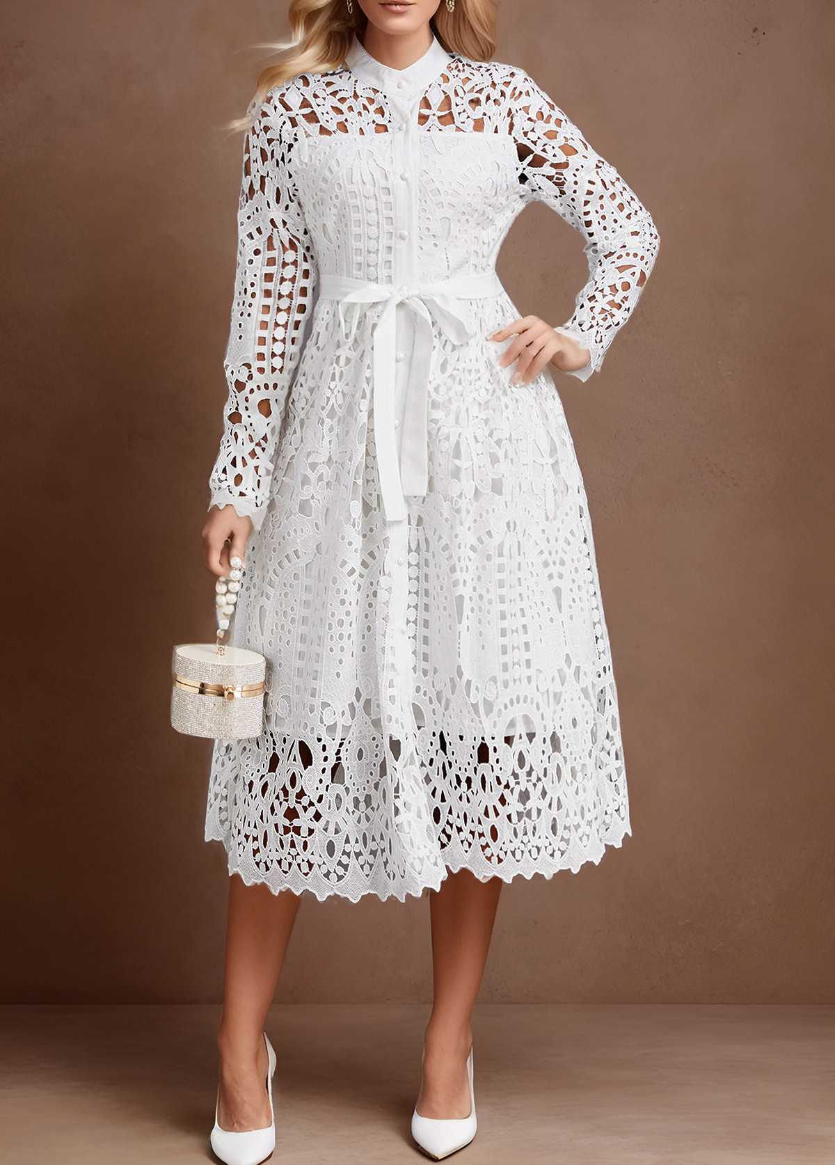 Lace White Belted Stand Collar Long Sleeve Dress