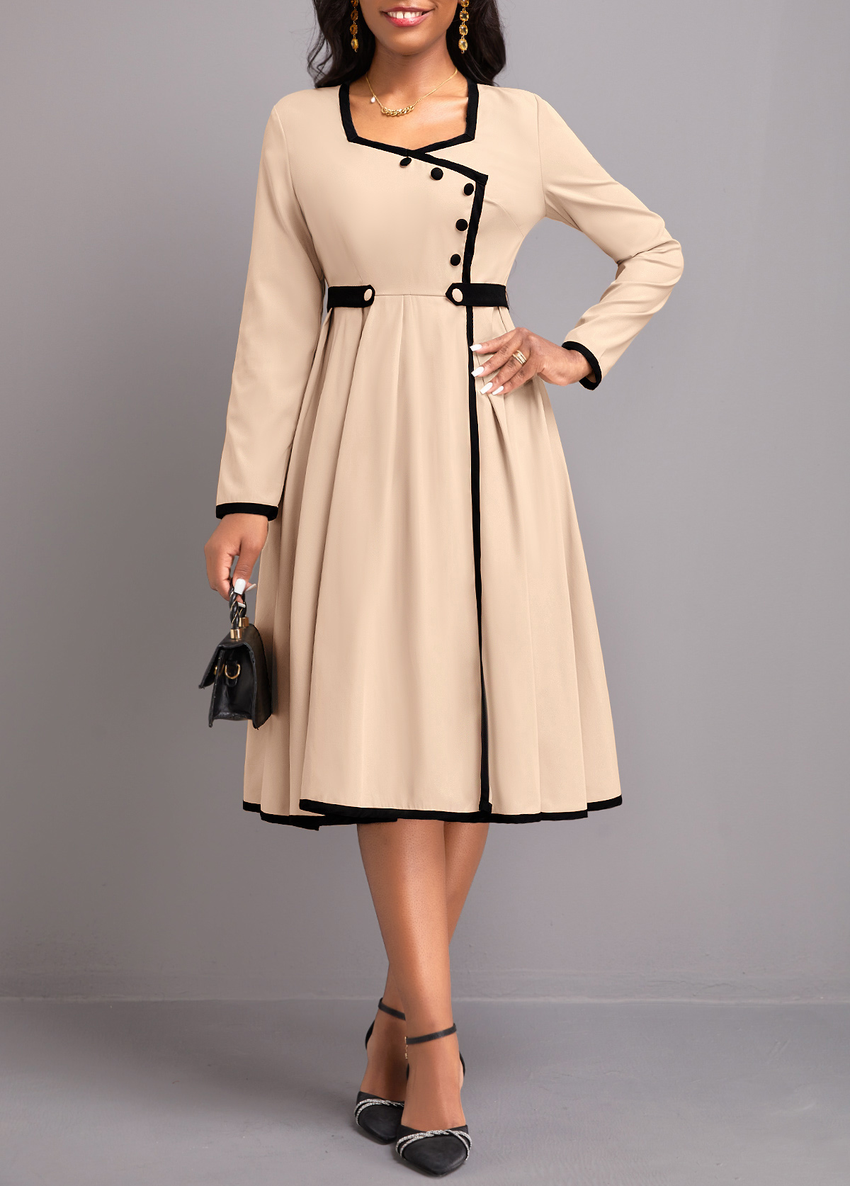 ROTITA Contrast Binding Light Camel Long Sleeve Dress