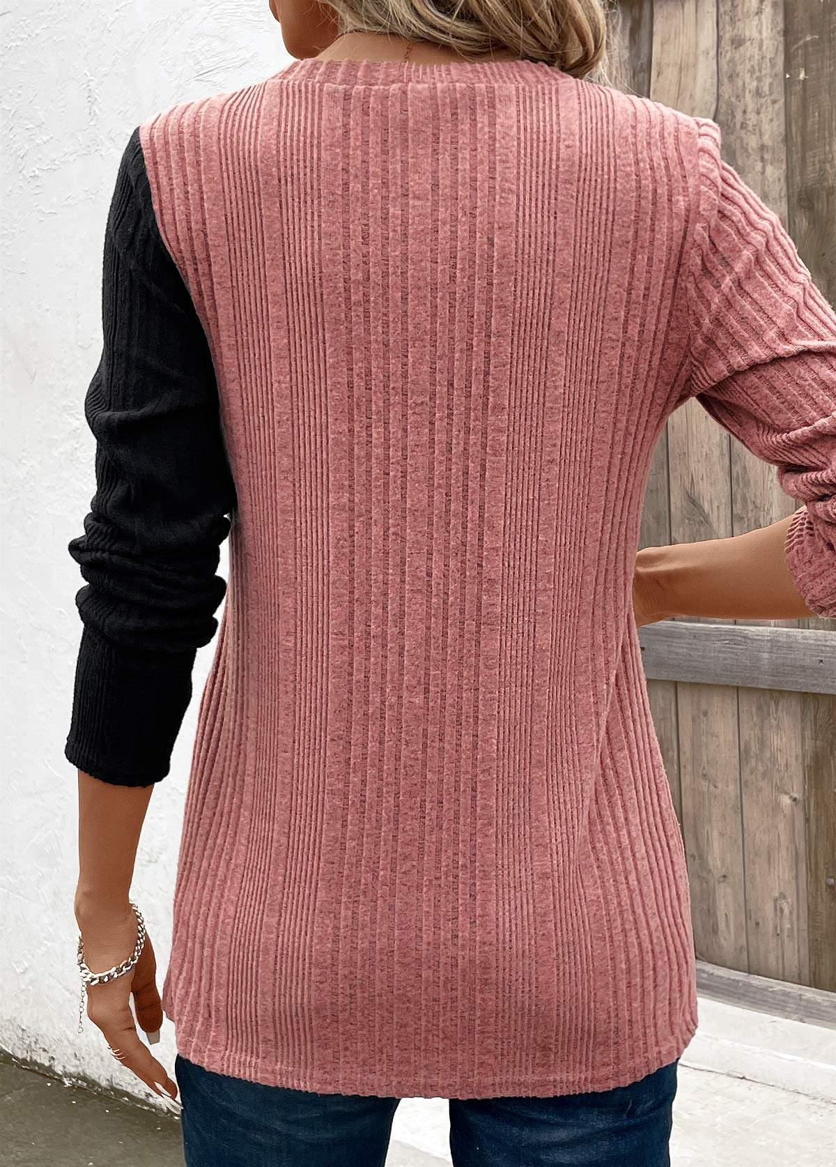 Pink plus size,Black plus size,Contrast Color plus size,ROTITA Plus Size Patchwork Black Round Neck T Shirt
