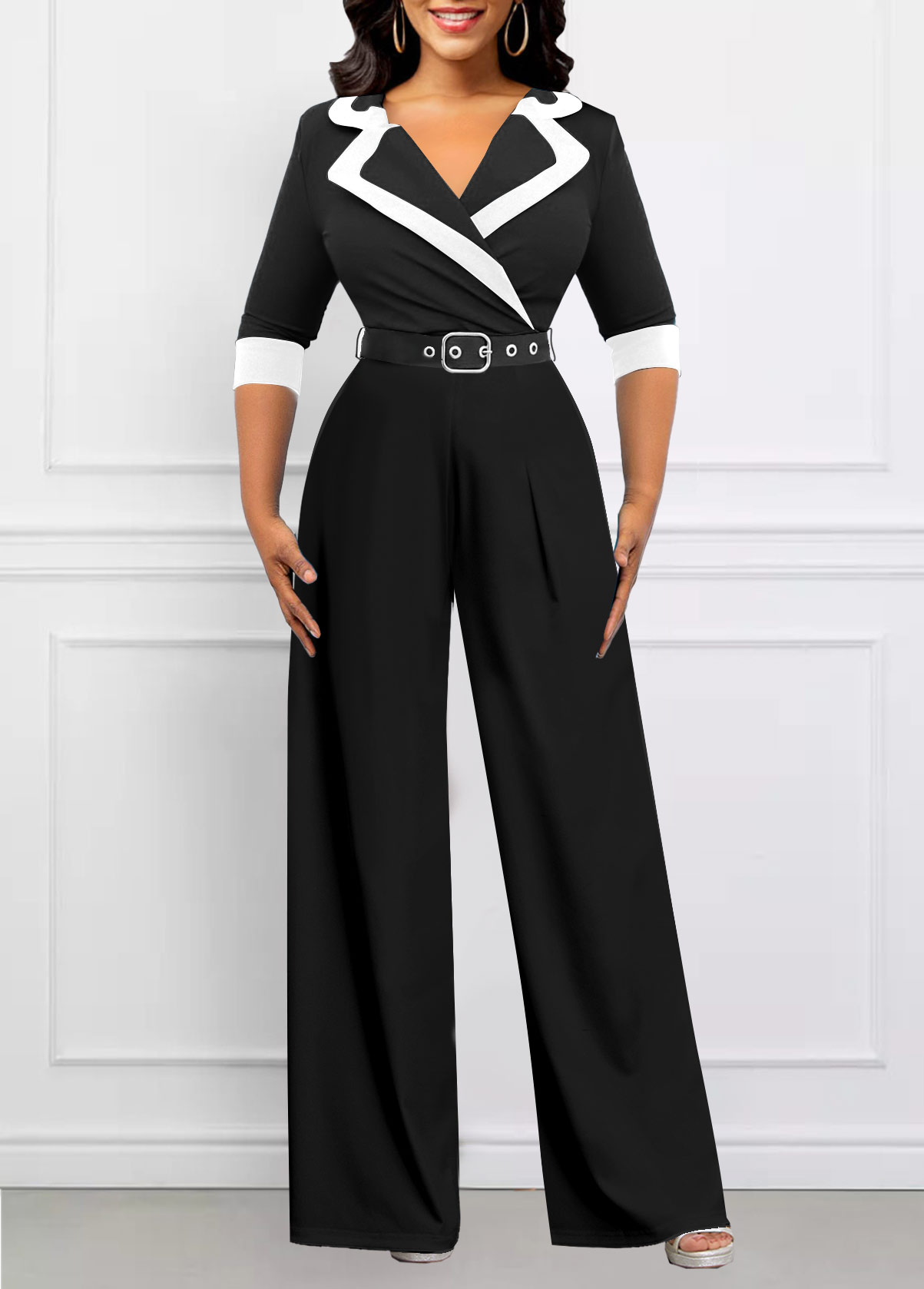 ROTITA Patchwork Black Belted Long Lapel Jumpsuit