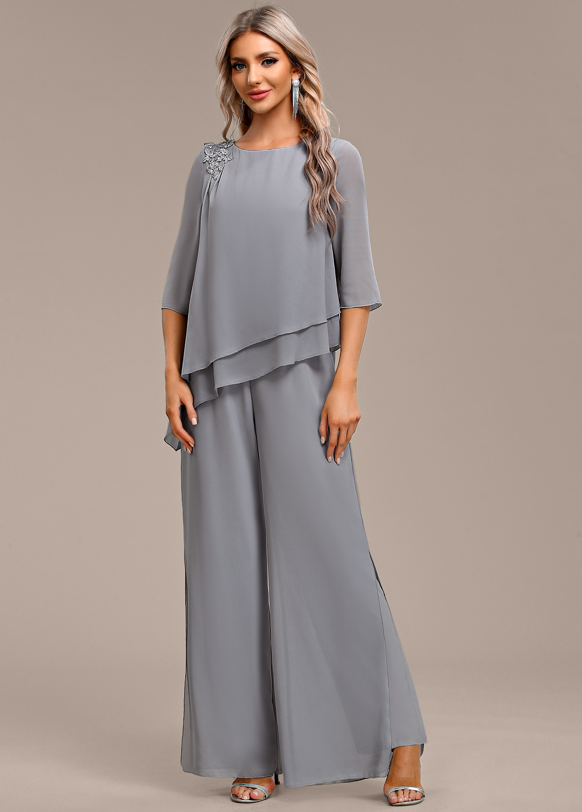Grey jumpsuits&rompers,Plain Color jumpsuits&rompers,ROTITA Asymmetry Grey Long Round Neck Jumpsuit