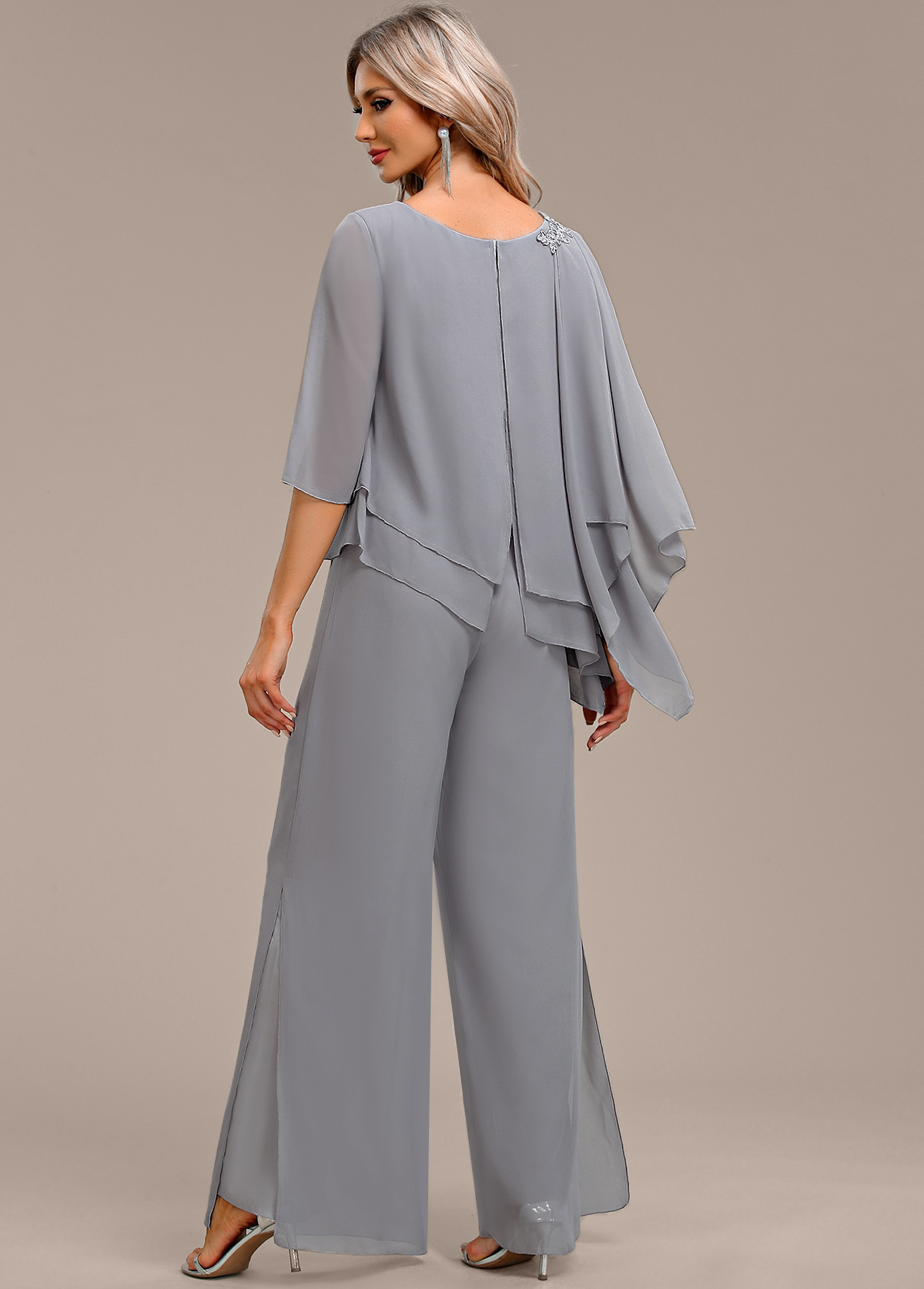 Grey jumpsuits&rompers,Plain Color jumpsuits&rompers,ROTITA Asymmetry Grey Long Round Neck Jumpsuit