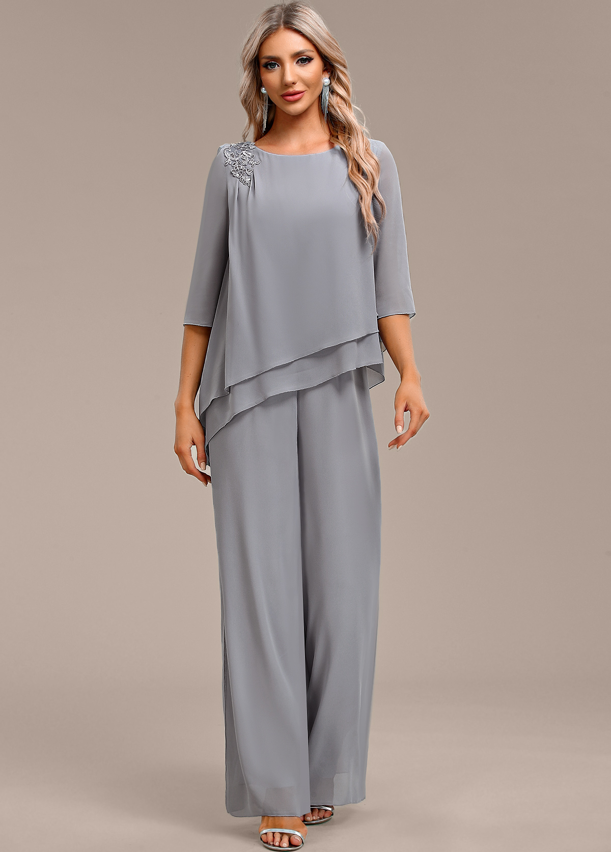Grey jumpsuits&rompers,Plain Color jumpsuits&rompers,ROTITA Asymmetry Grey Long Round Neck Jumpsuit