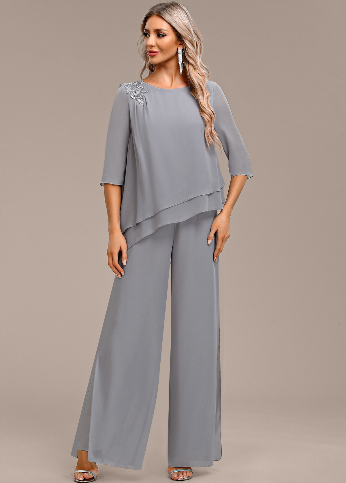 Grey jumpsuits&rompers,Plain Color jumpsuits&rompers,ROTITA Asymmetry Grey Long Round Neck Jumpsuit