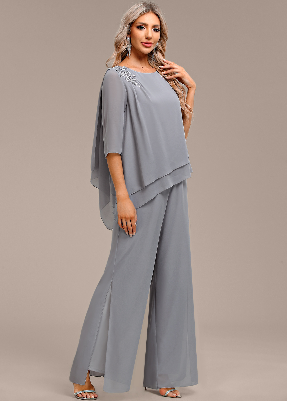 Grey jumpsuits&rompers,Plain Color jumpsuits&rompers,ROTITA Asymmetry Grey Long Round Neck Jumpsuit