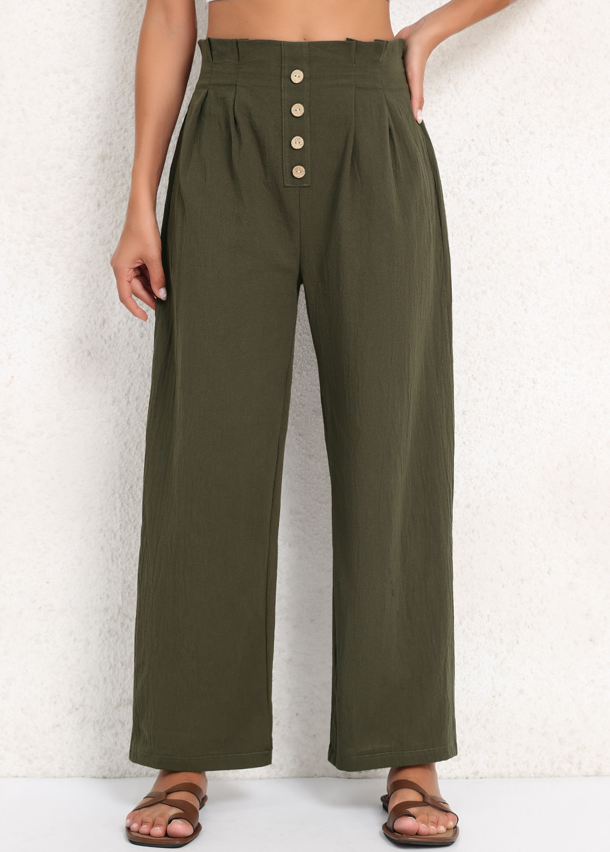 Button Olive Green Elastic Waist High Waisted Pants