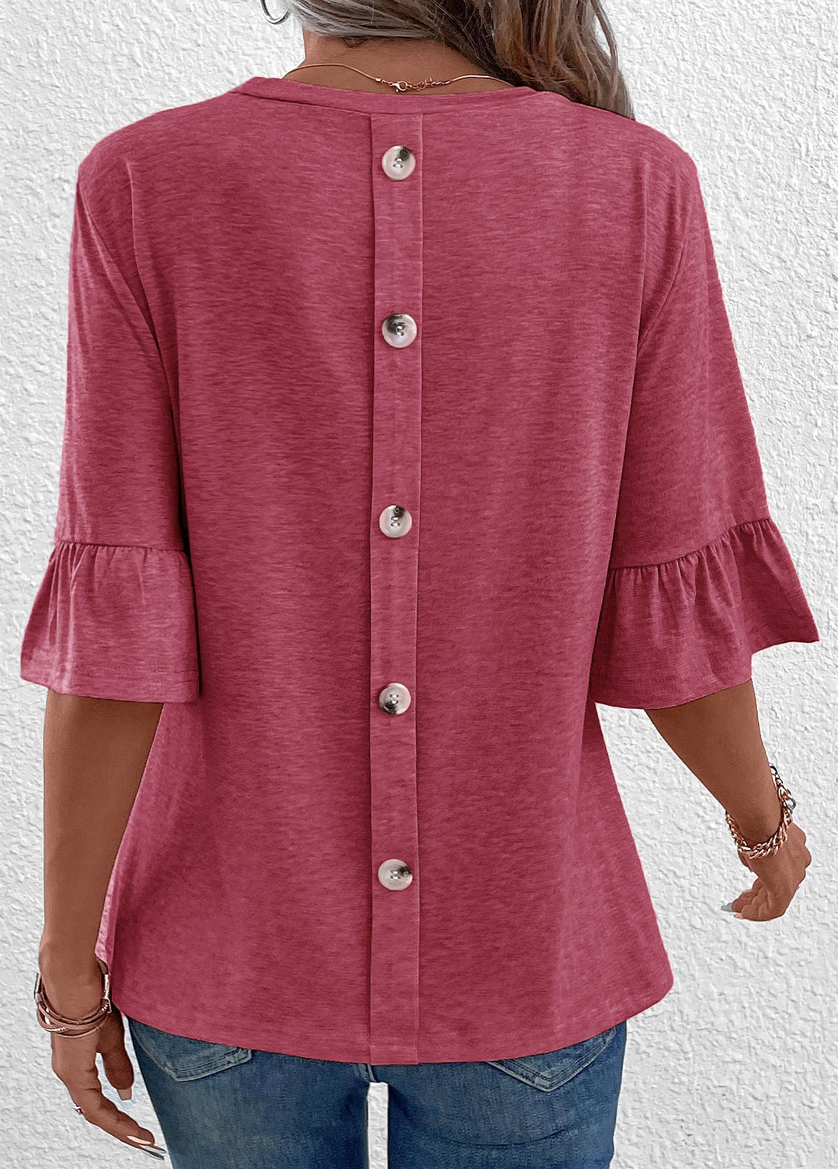 Button Coral Round Neck Half Sleeve T Shirt