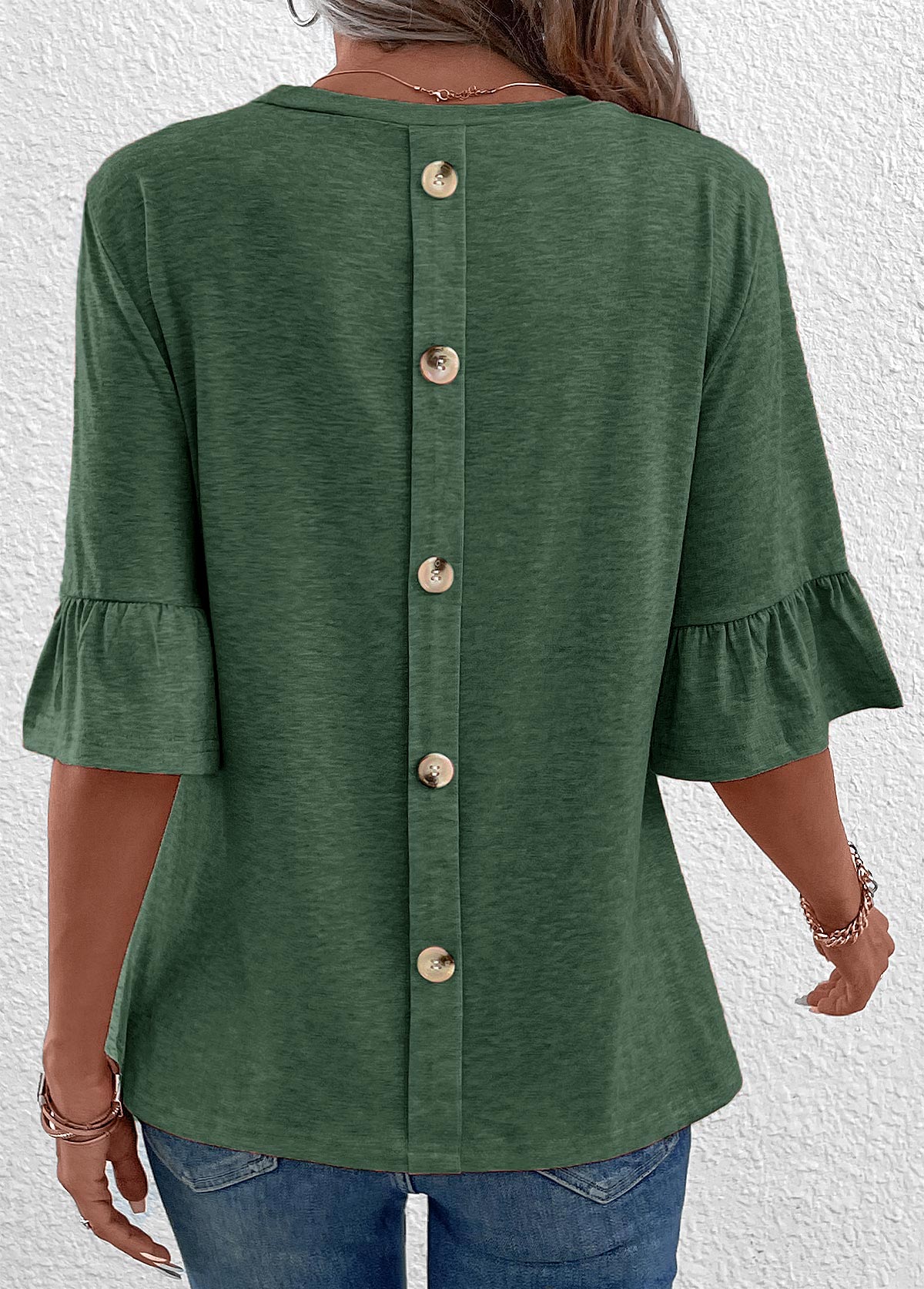 Button Green Round Neck Half Sleeve T Shirt