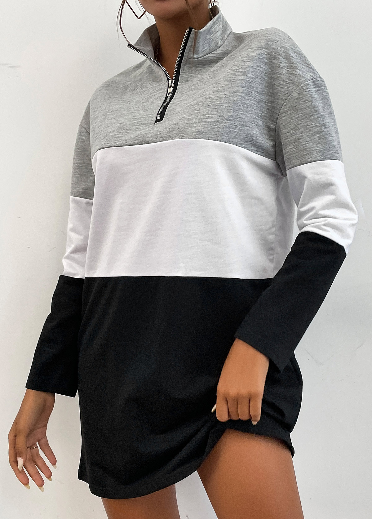 Zipper Grey Stand Collar Long Sleeve Sweatshirt