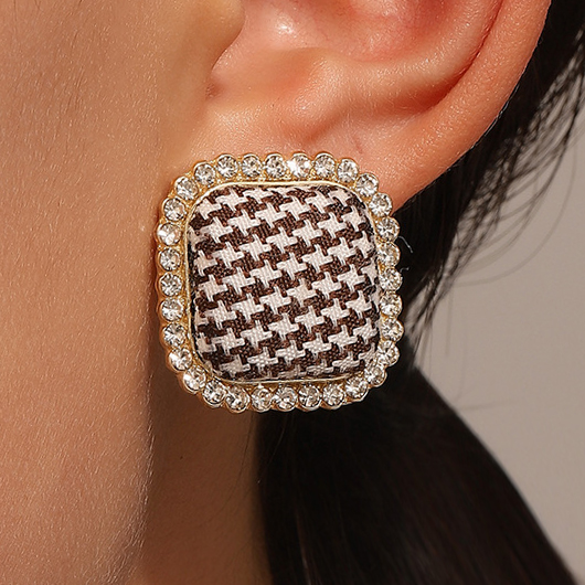 Gold jewelry,Houndstooth jewelry,Houndstooth Rhinestone Detail Alloy Gold Earrings