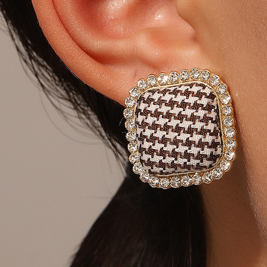 Gold jewelry,Houndstooth jewelry,Houndstooth Rhinestone Detail Alloy Gold Earrings