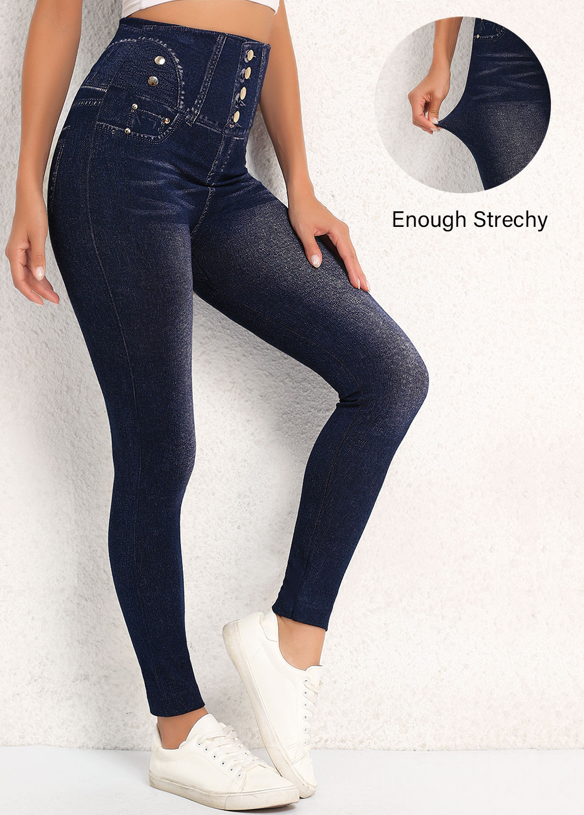 legging taille haute bleu denim imprimé effet denim