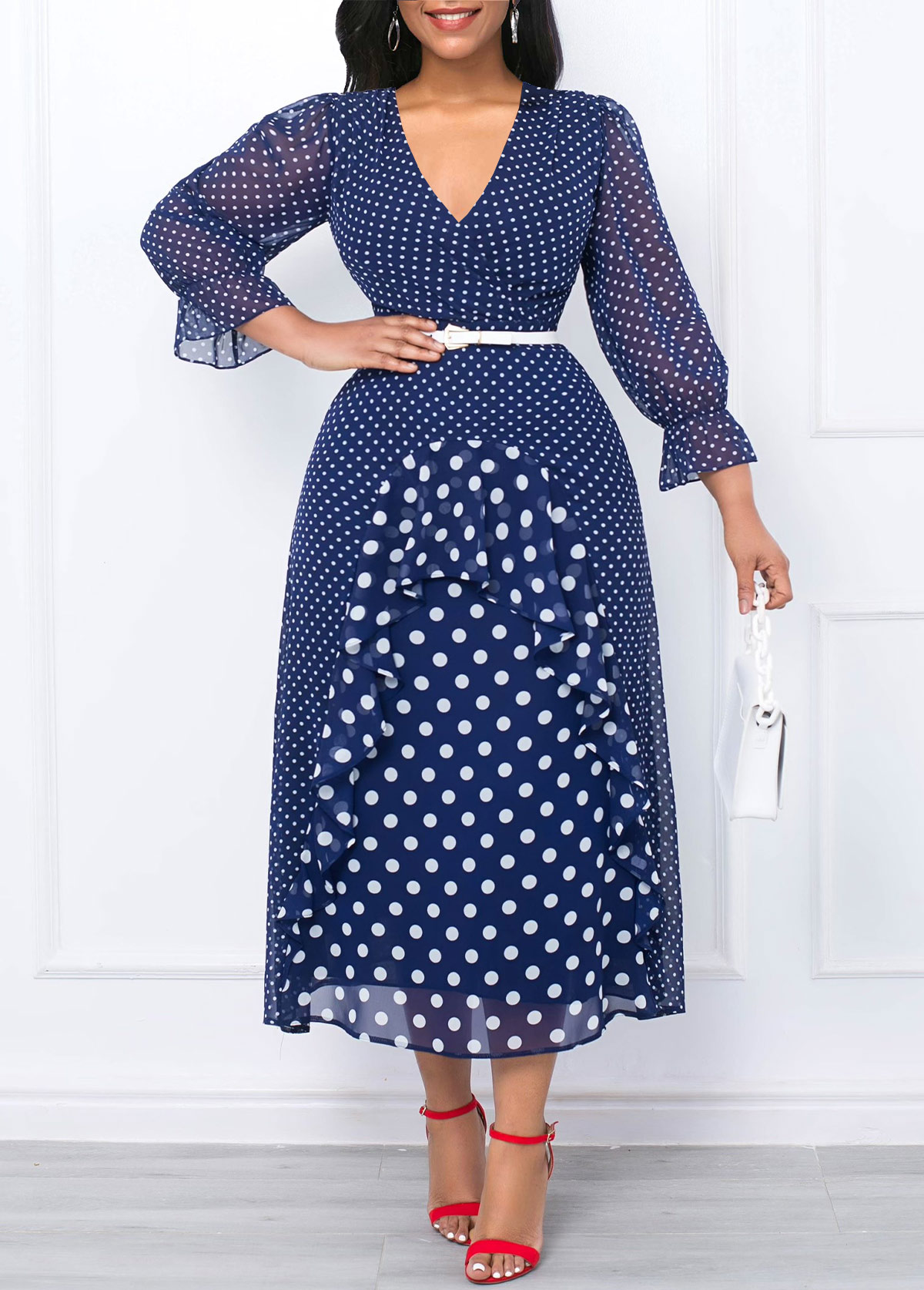 Dark Blue dresses,White dresses,Dot dresses,Party dresses,Elegant dresses,ROTITA Patchwork Polka Dot Dark Blue Cross Collar Dress