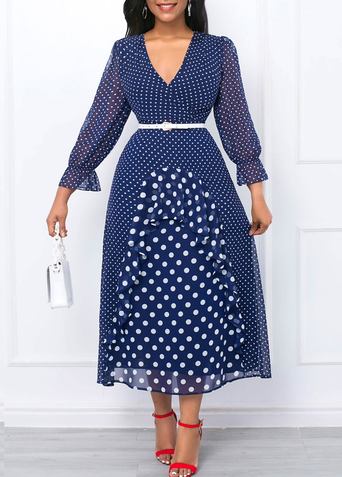 Dark Blue dresses,White dresses,Dot dresses,Party dresses,Elegant dresses,ROTITA Patchwork Polka Dot Dark Blue Cross Collar Dress