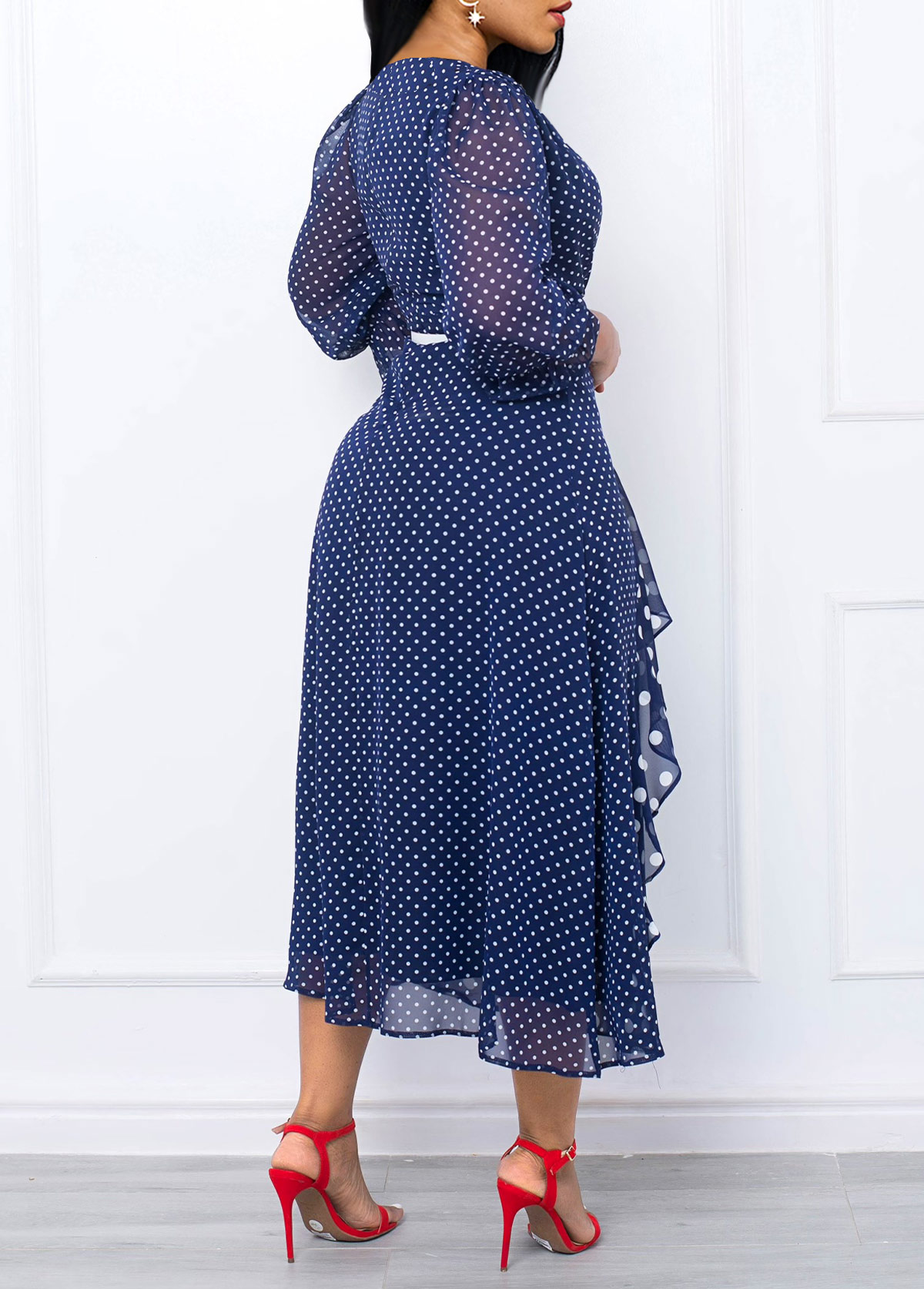Dark Blue dresses,White dresses,Dot dresses,Party dresses,Elegant dresses,ROTITA Patchwork Polka Dot Dark Blue Cross Collar Dress
