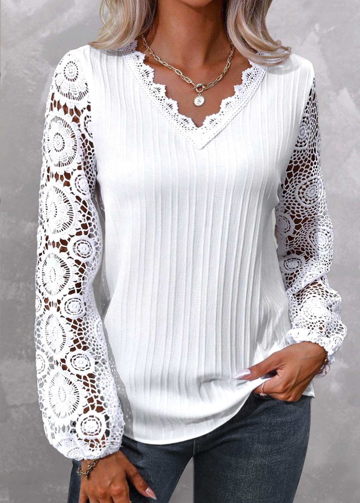 ROTITA Lace White V Neck Long Sleeve Blouse