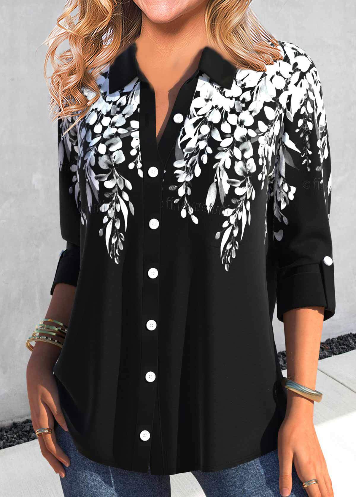 Black tops,White tops,Plants tops,ROTITA Button Leaf Print Black Shirt Collar Blouse