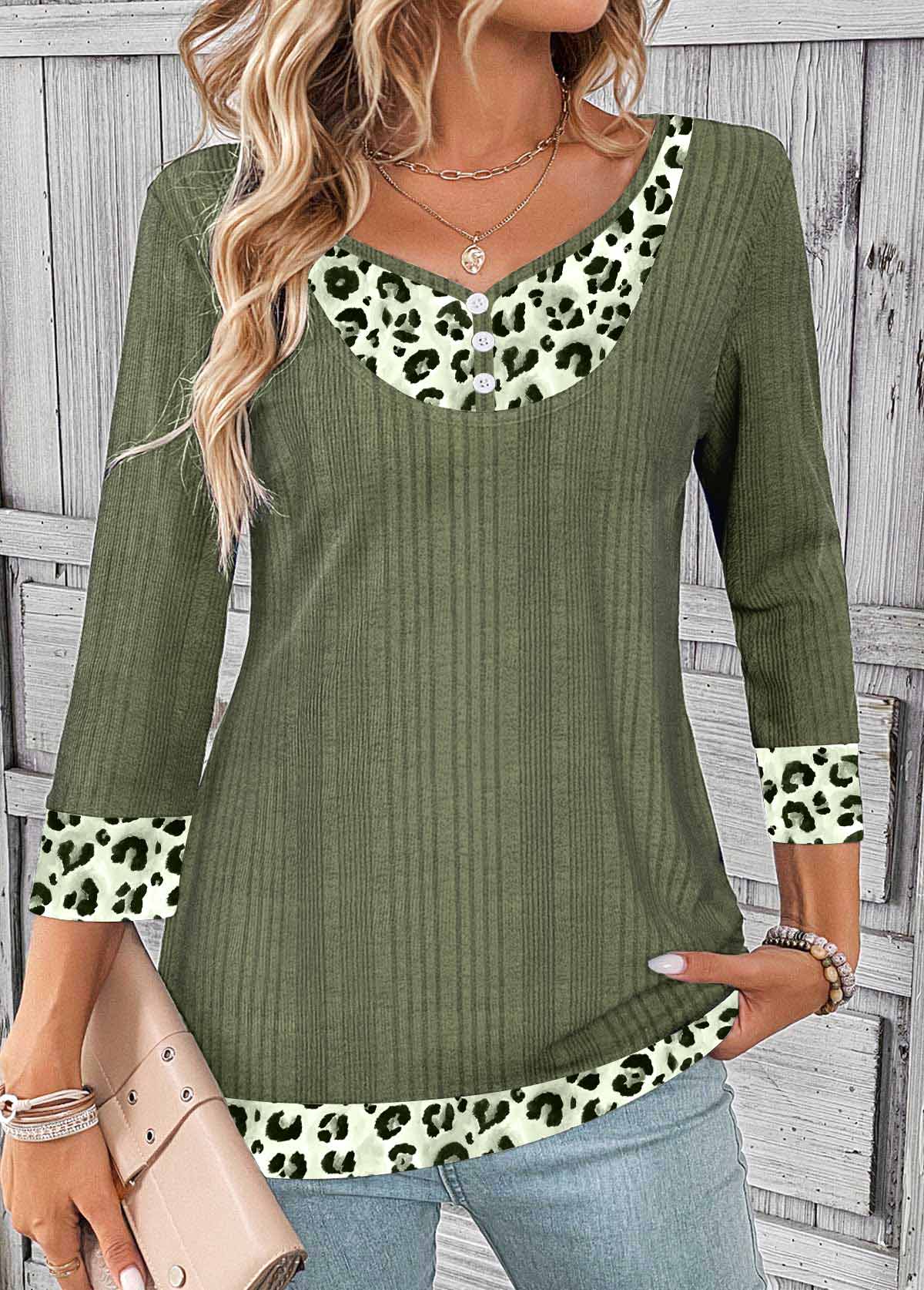ROTITA Patchwork Leopard Sage Green Heart Collar T Shirt