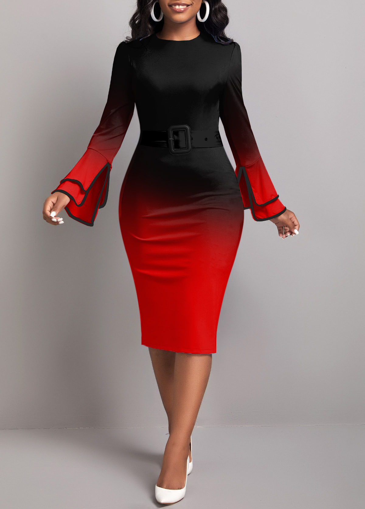 ROTITA Contrast Binding Ombre Red Round Neck Bodycon Dress