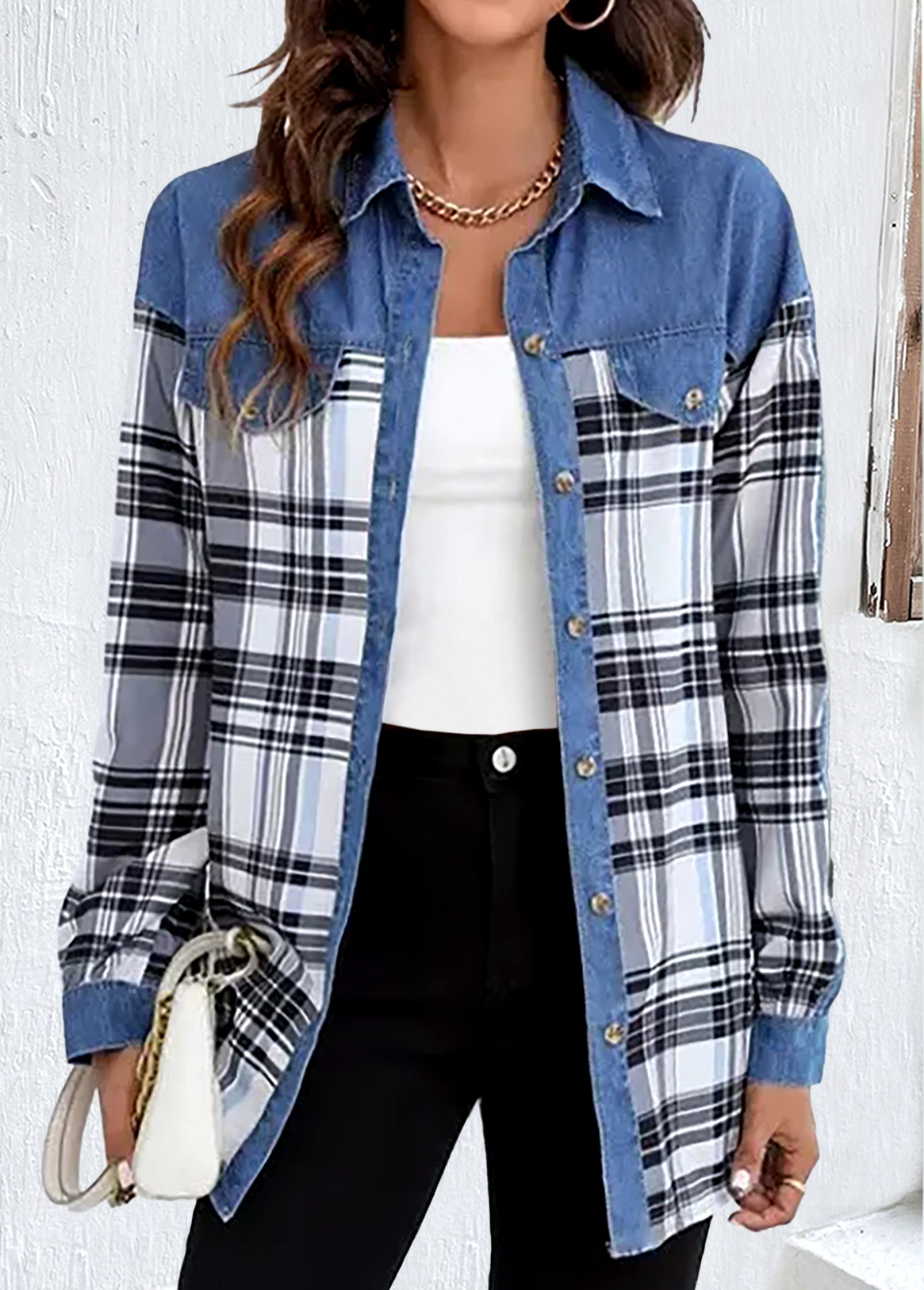 Denim Blue tops,Plaid tops,Striped tops,Geometric tops,ROTITA Patchwork Plaid Denim Blue Shirt Collar Blouse