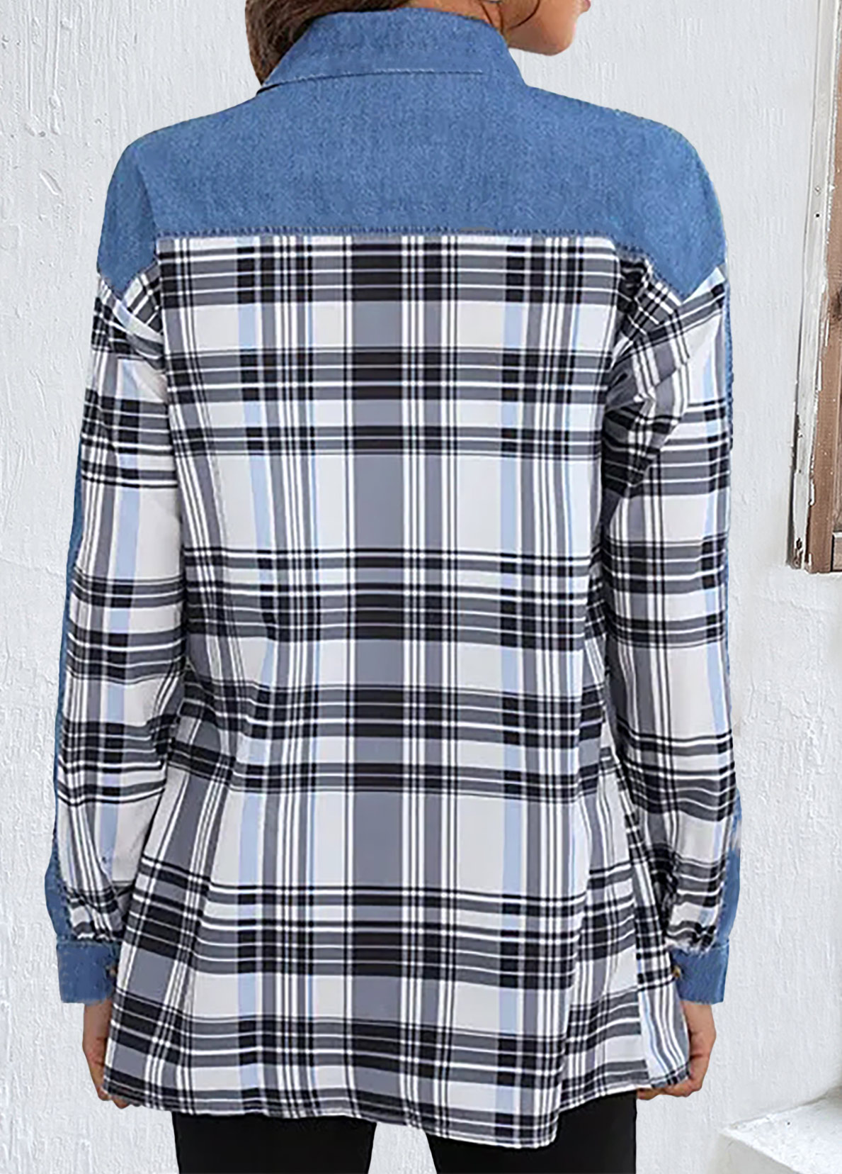 Denim Blue tops,Plaid tops,Striped tops,Geometric tops,ROTITA Patchwork Plaid Denim Blue Shirt Collar Blouse