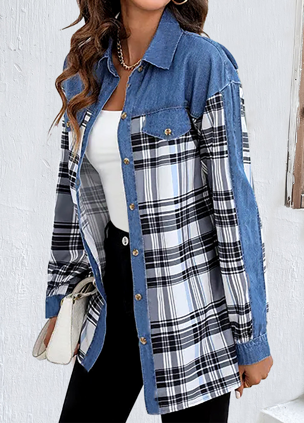 Denim Blue tops,Plaid tops,Striped tops,Geometric tops,ROTITA Patchwork Plaid Denim Blue Shirt Collar Blouse