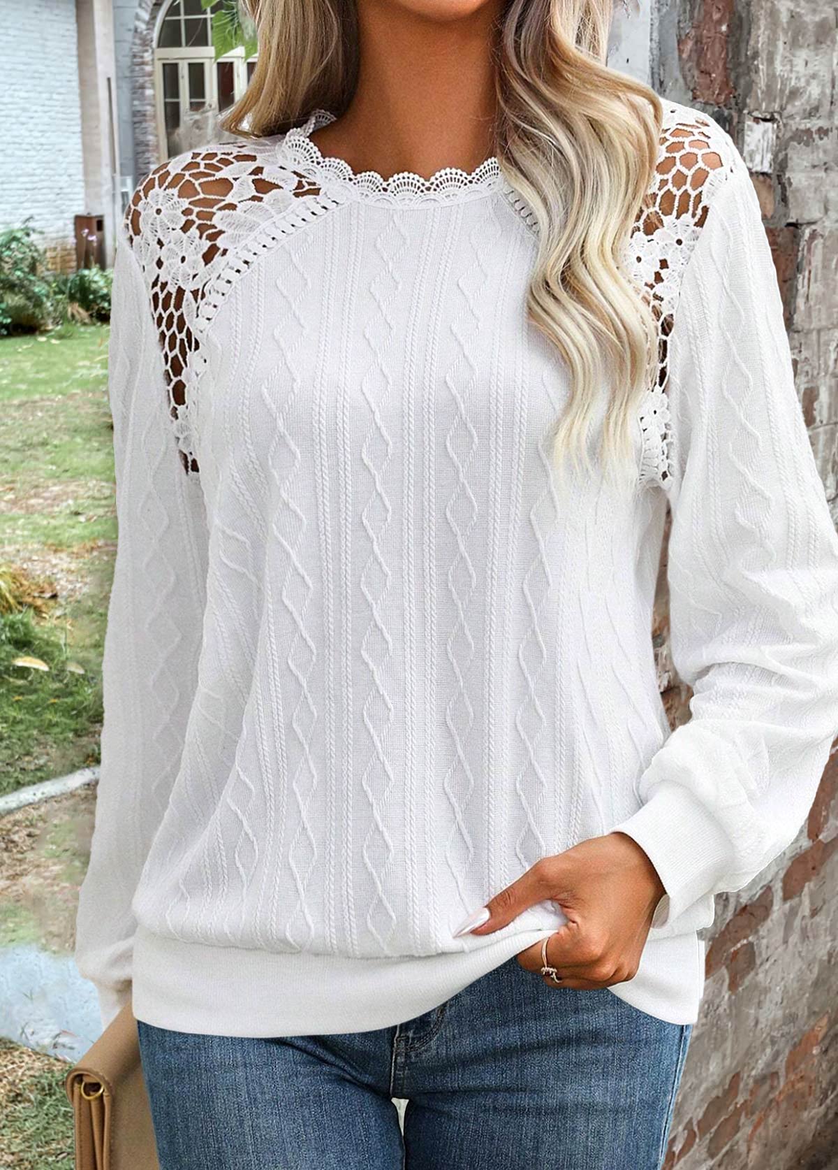 ROTITA Lace White Round Neck Long Sleeve Sweatshirt