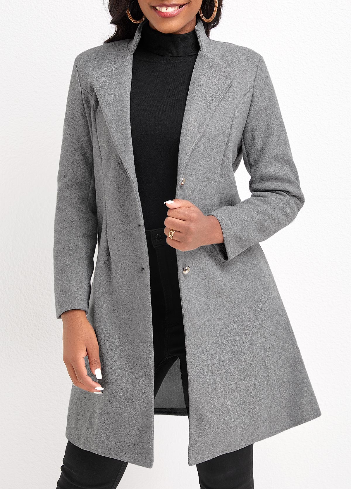 Button Grey Lapel Long Sleeve Coat