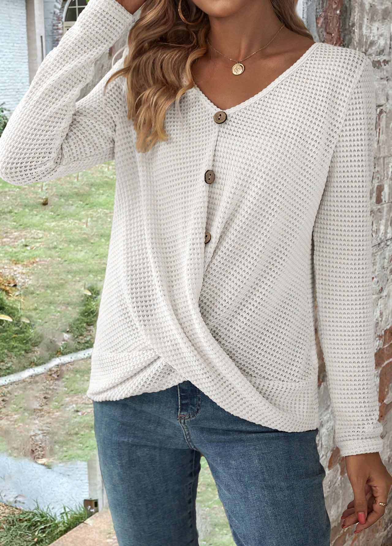 ROTITA Button Beige Round Neck Long Sleeve T Shirt