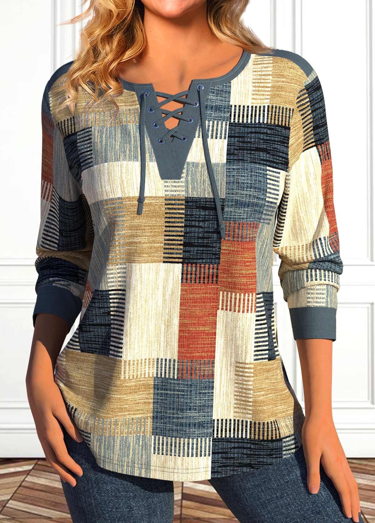 Multi Color plus size,Geometric plus size,Striped plus size,Plaid plus size,ROTITA Plus Size Lace Up Multi Color T Shirt