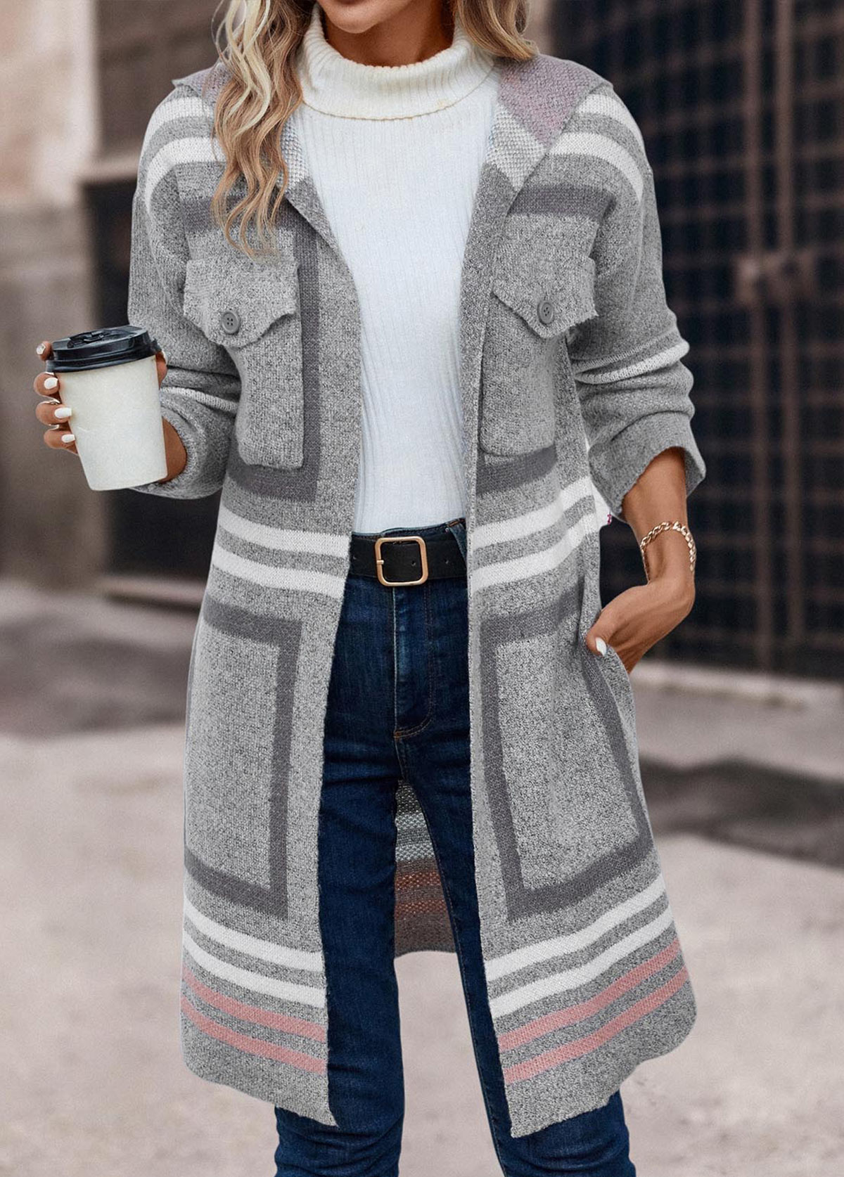 Pocket Geometric Print Grey Hooded Long Sleeve Cardigan