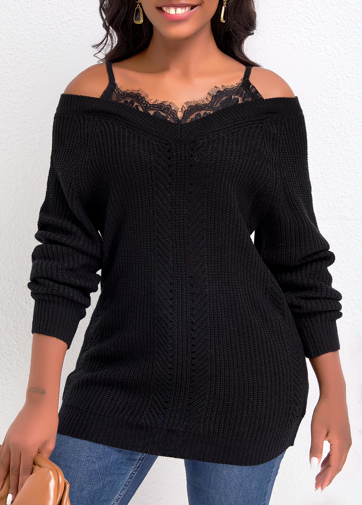 Patchwork Black Off Shoulder Long Sleeve Sweater