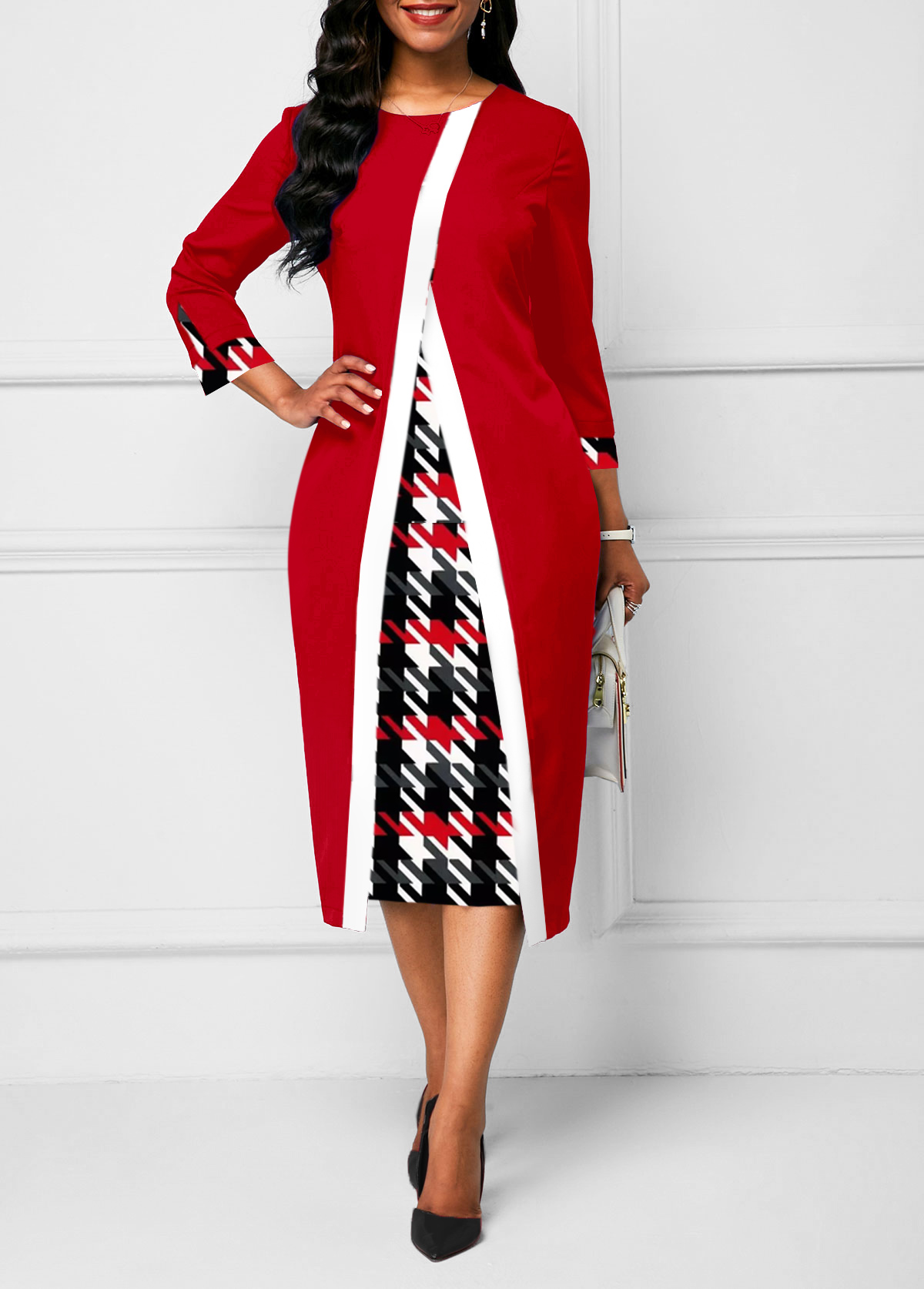 robe moulante col rond rouge à carreaux patchwork rotita
