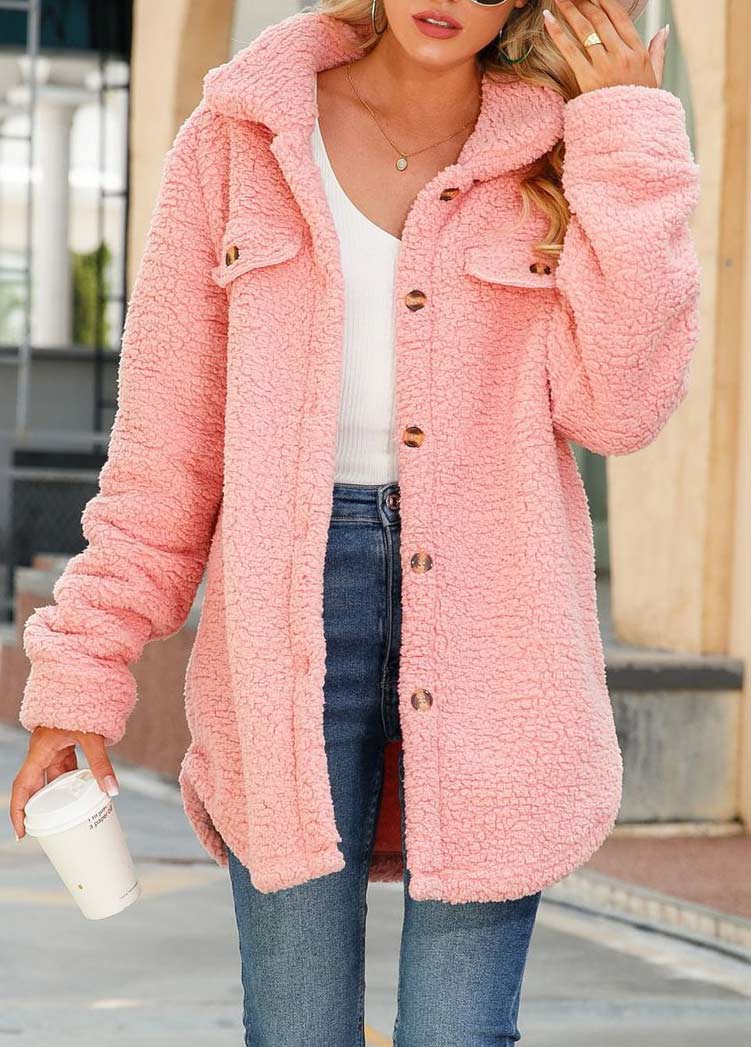 Button Pink Turn Down Collar Long Sleeve Coat